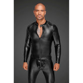 Power Wetlook Mens Jacket with Pleated PVC Epaulets Mens Latex